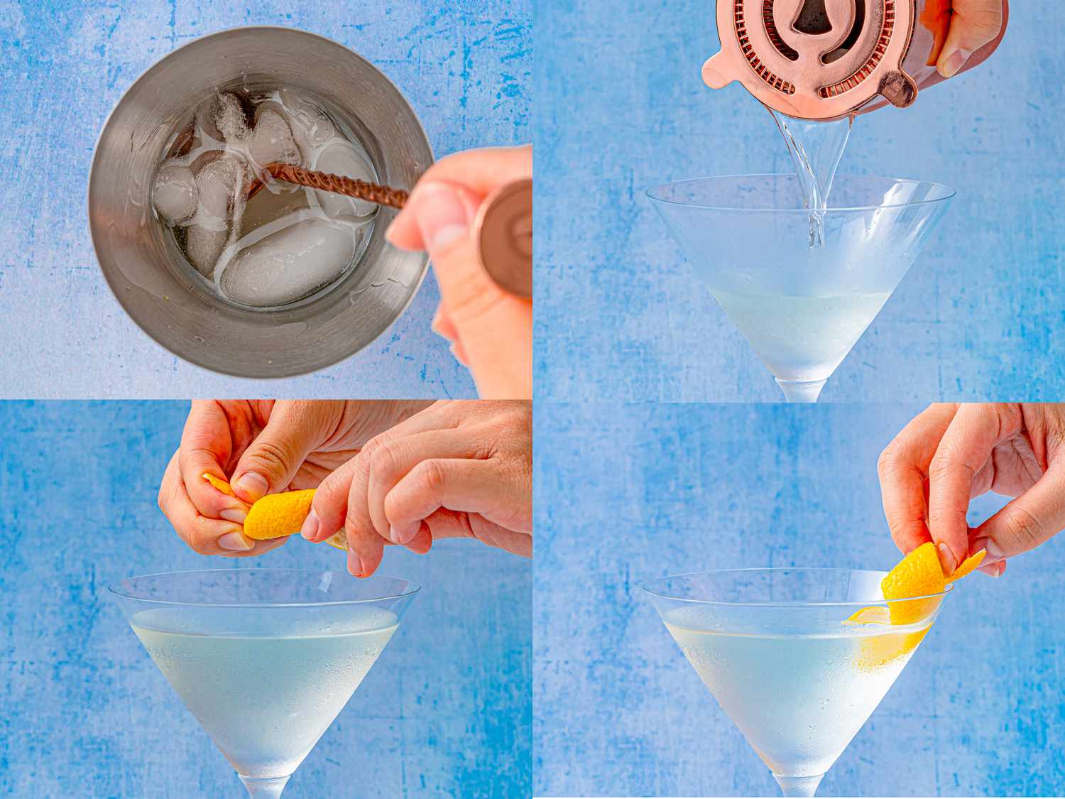 Four image collage of making a martini