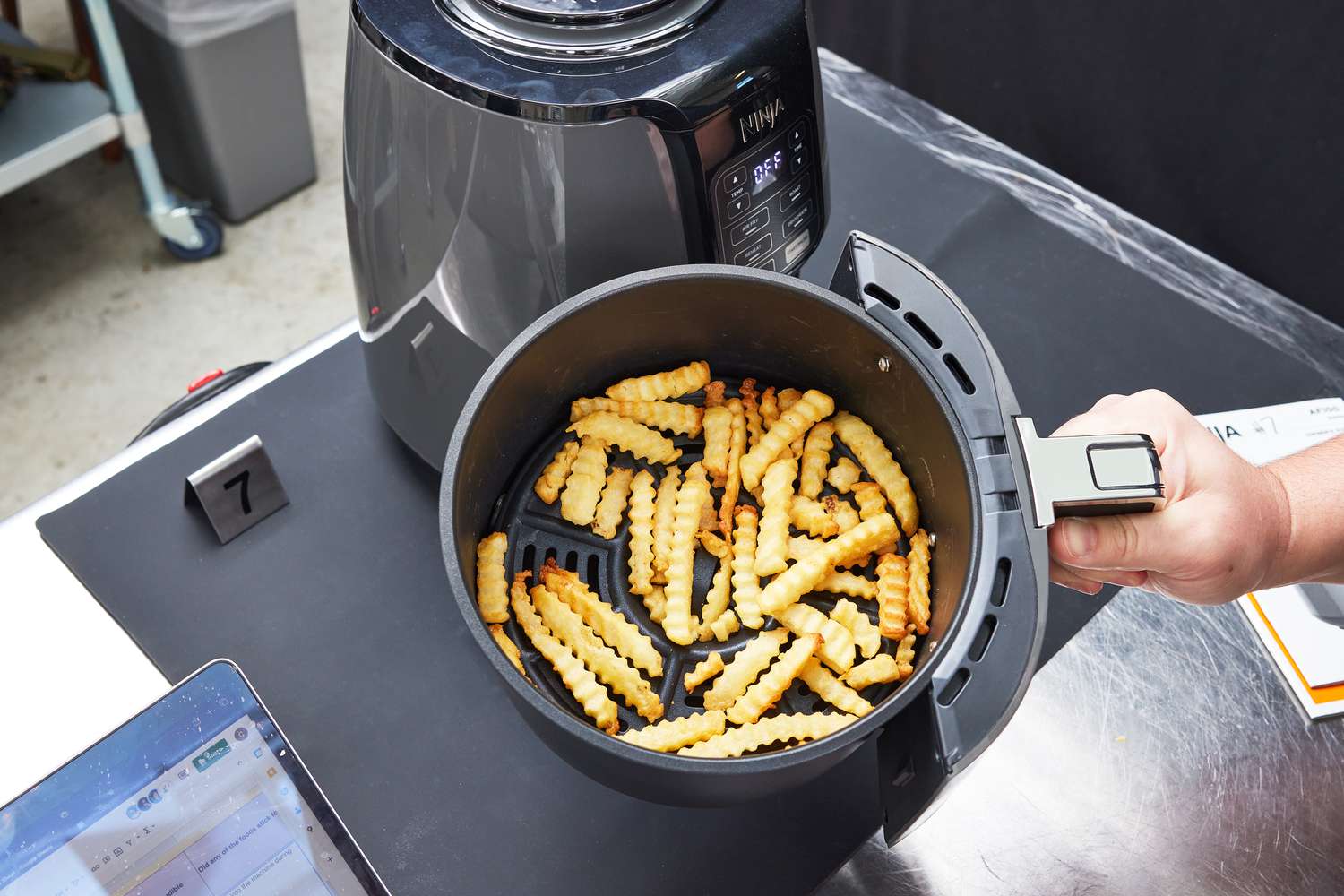 A person holding an air fryer basket filled with fries