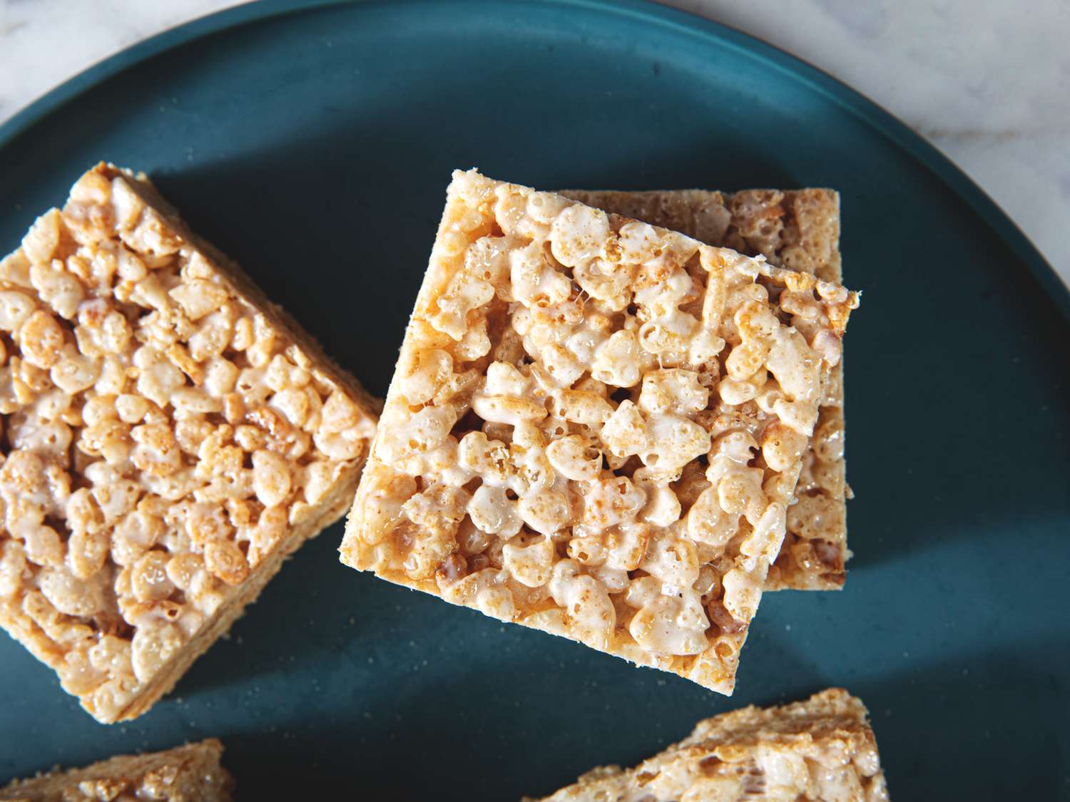 Overhead view of a square rice krispie treat