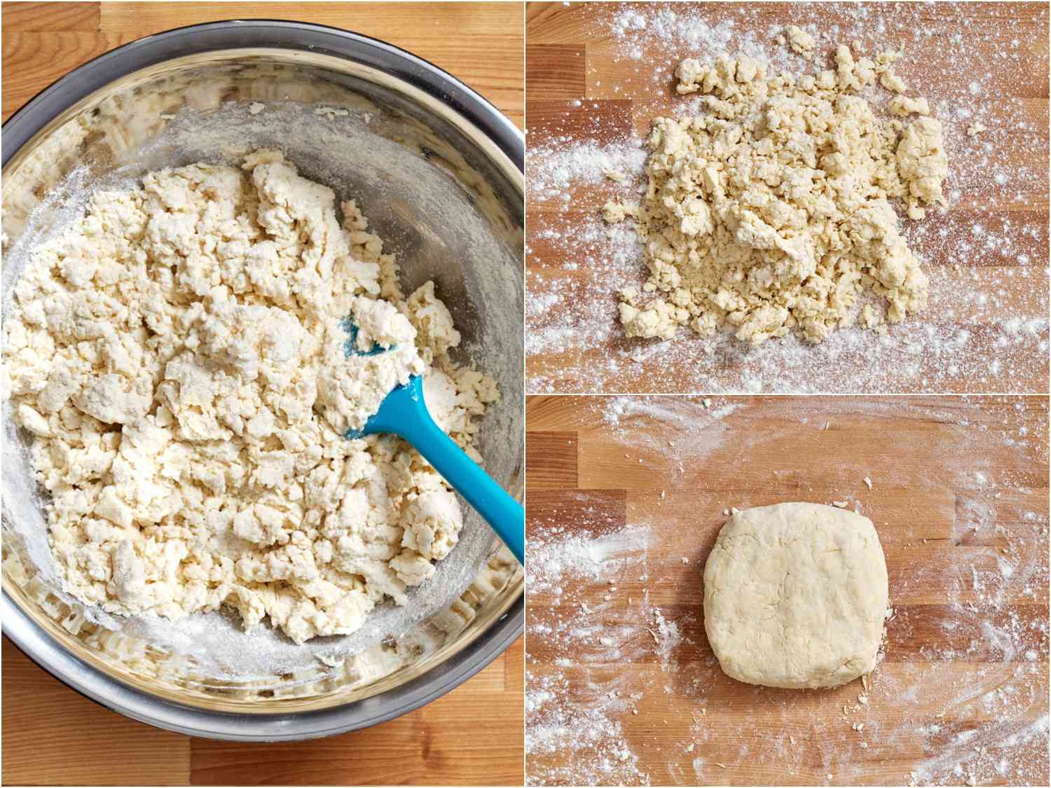 A collage: butter and flour mixtures combined with liquids; the loose mixture on a work surface; the mixtures kneaded into a cohesive block