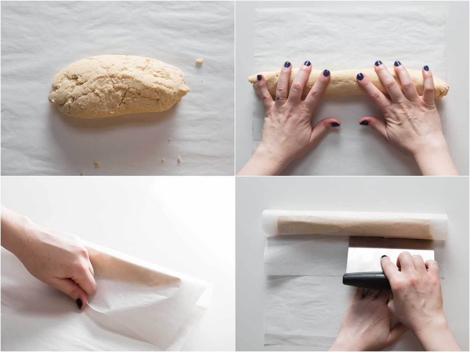 Collage of forming the dough into a log, wrapping it with parchment paper and using a bench scraper to roll the parchment paper wrapped dough.
