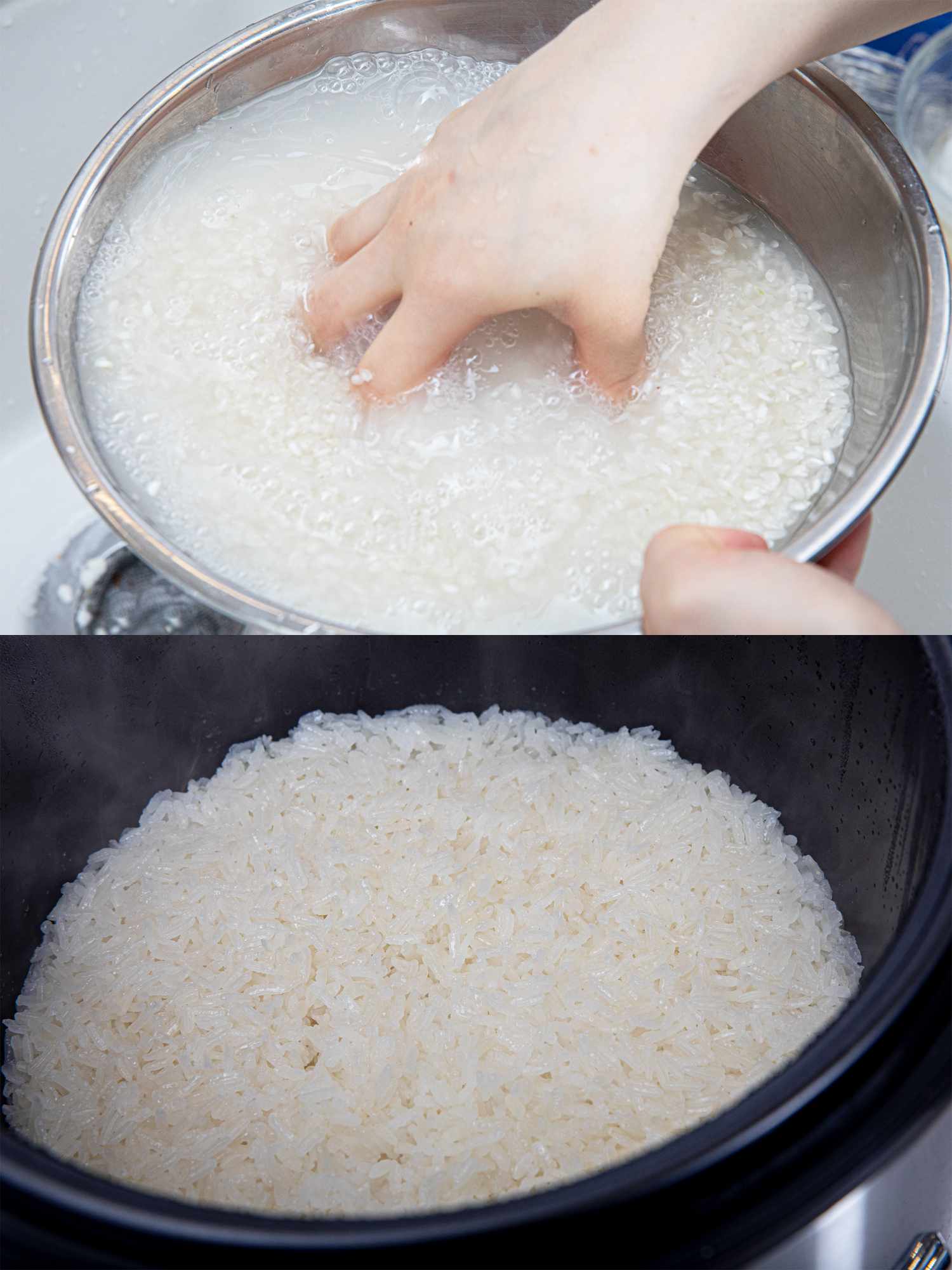 两个图片拼贴洗米和它在电饭煲