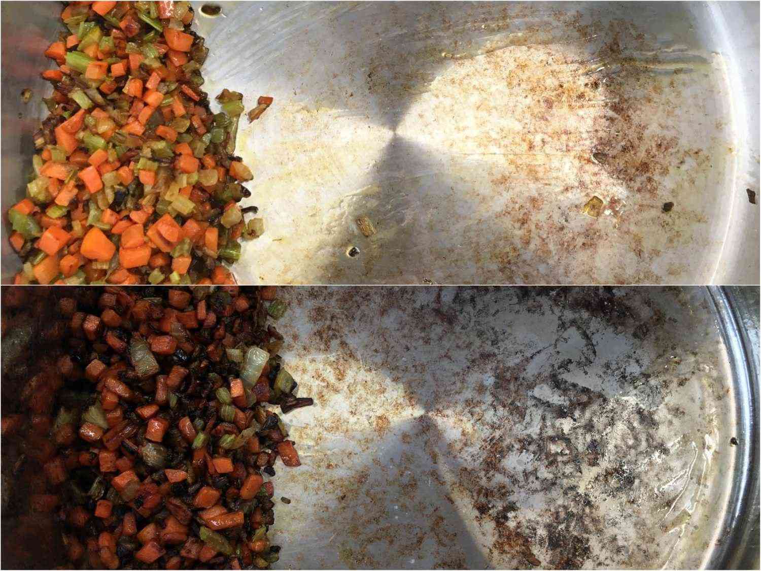 Mirepoix在两个不同的汤锅中被煎成棕色