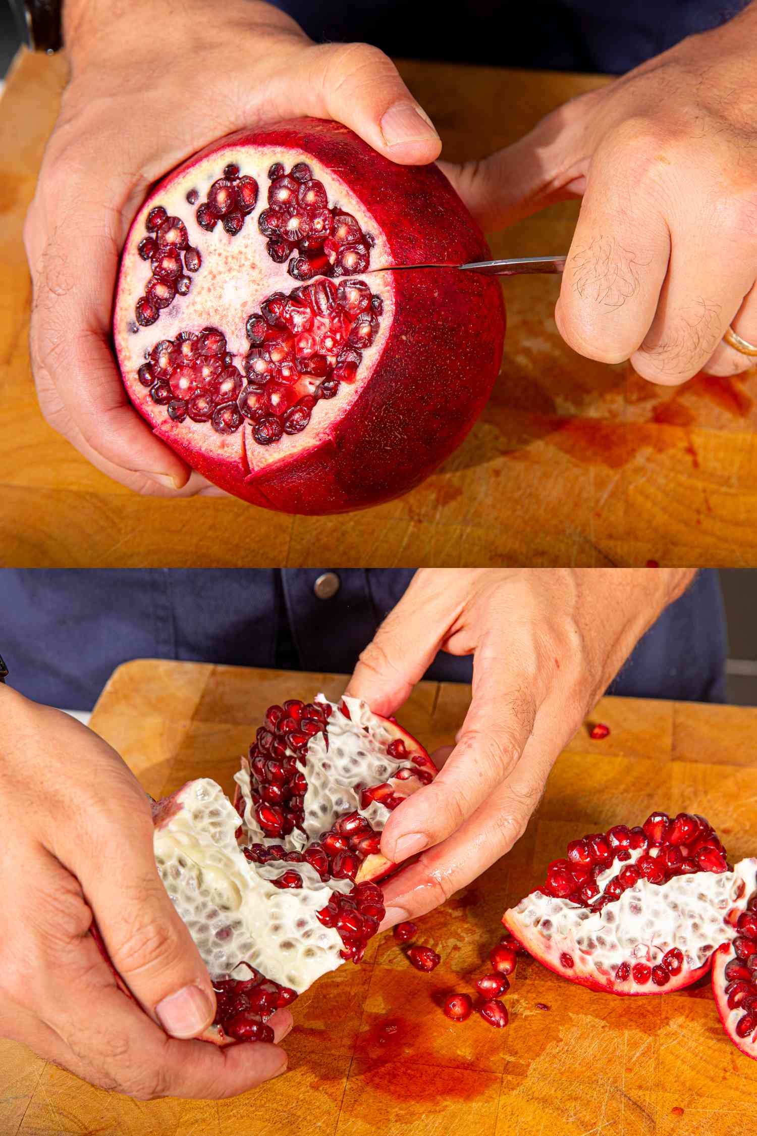 Two image collage of cutting a pomegranate and scooping seeds out