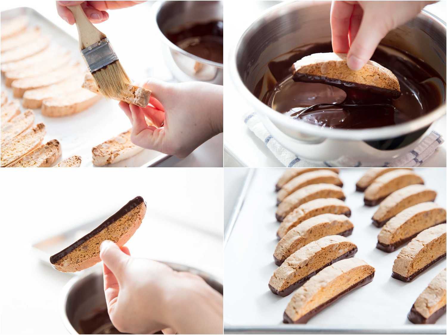 Collage of brushing the crumbs off and dipping biscotti in tempered chocolate.