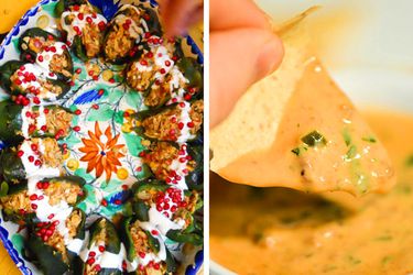 A platter of chiles en nogada on the left, and a chip dipped in a bowl of queso dip on the right.