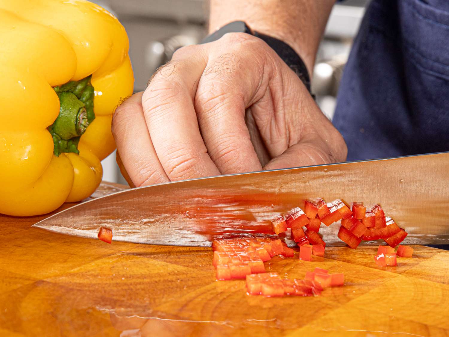 Dicing red bell peppers