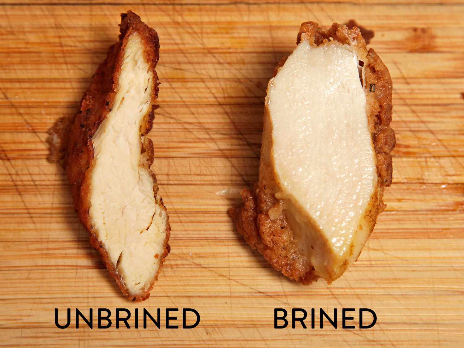 比较卤化和未卤化炸鸡的横截面。