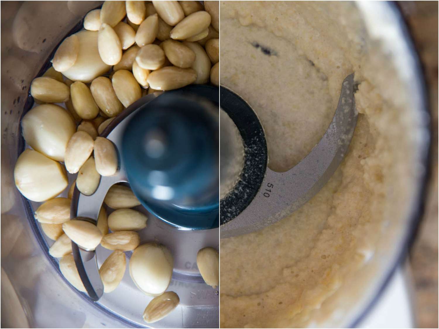 Collage of almonds and garlic cloves being pureed in food processor