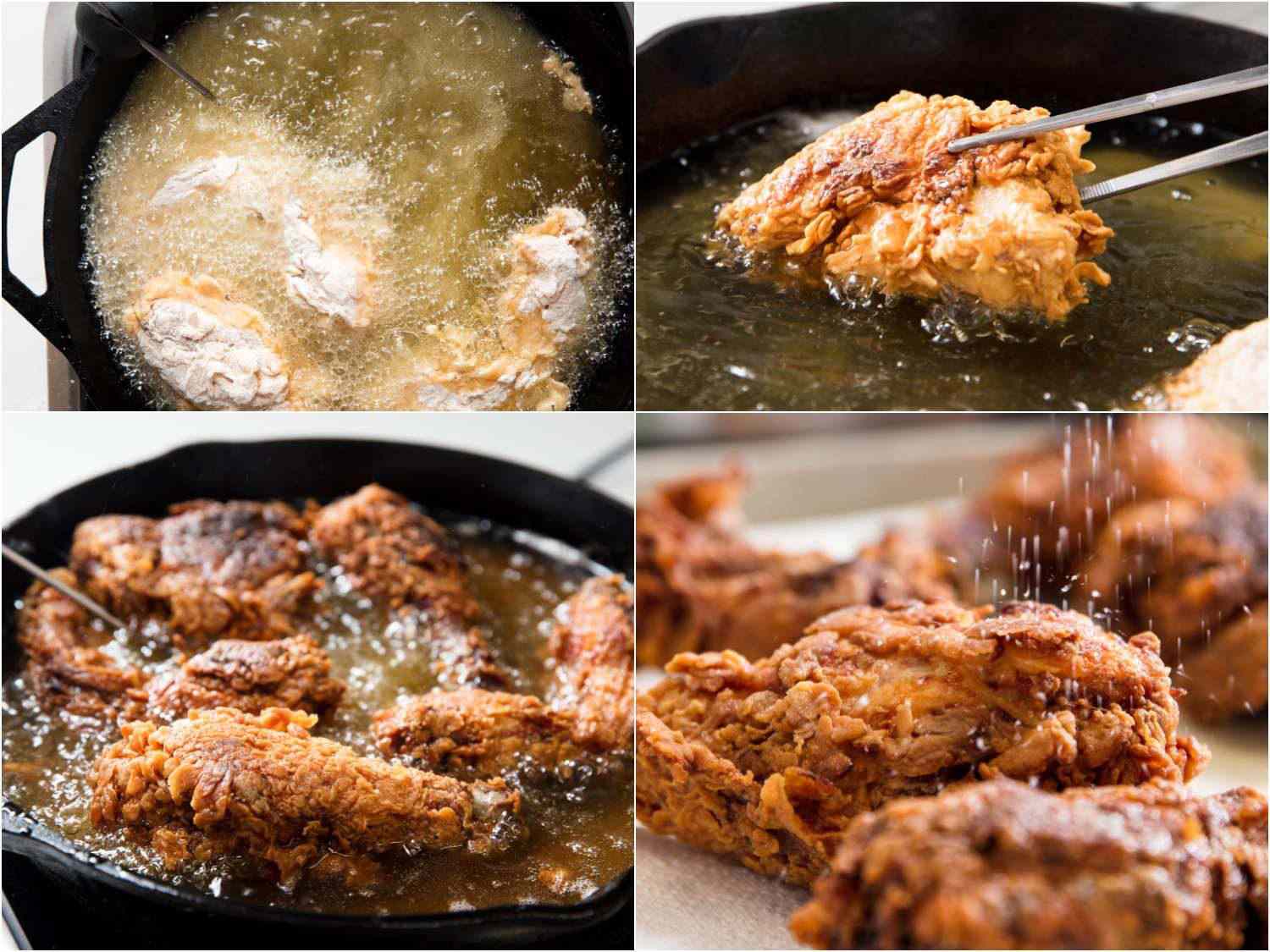 拼贴不同阶段的炸鸡:第一面在铸铁锅里煎，面有面粉，钳子翻动鸡肉，第二面煎鸡肉，盐撒在鸡肉上gydF4y2Ba