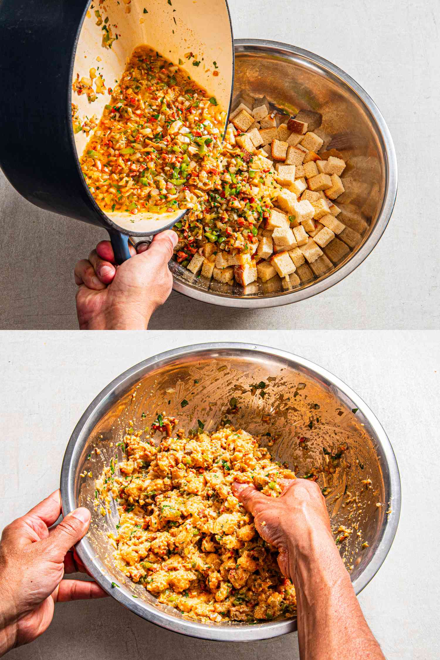 Two image collage of adding clam mixture to bread cubes and mashing with hands