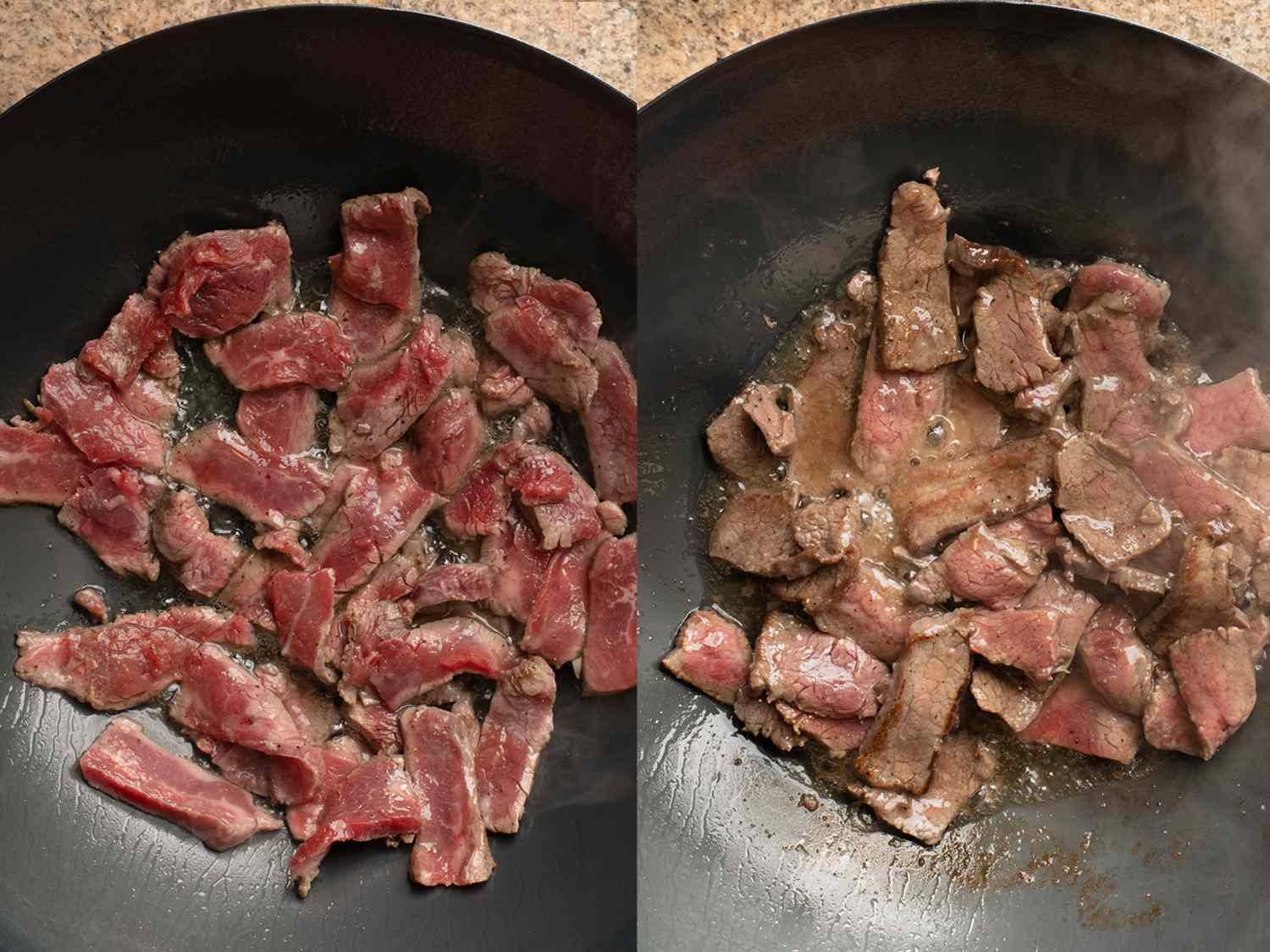 两个影像拼贴。左图显示的是牛肉摊在锅上，并在一层烹饪，而右图显示的是牛肉搅拌和半熟在锅里。锅里还能看到酱汁的残渣焦糖化和还原。