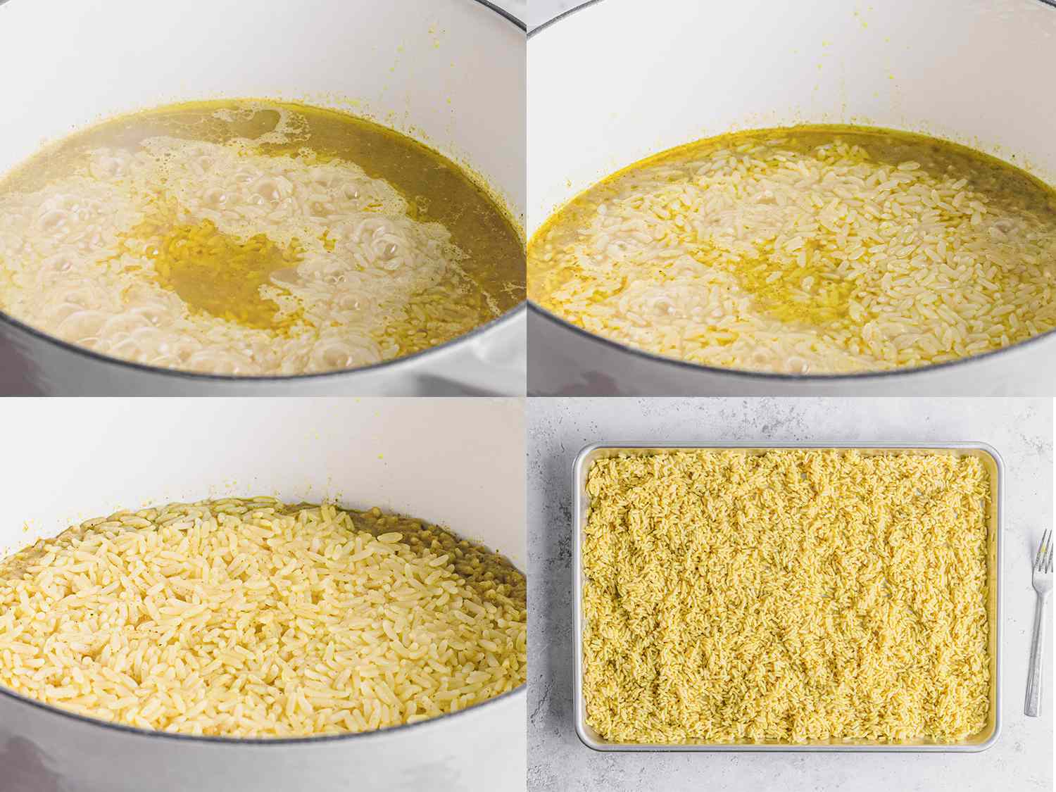 四幅拼贴图片显示米饭在荷兰烤箱中被煮熟，然后转移到烤盘上