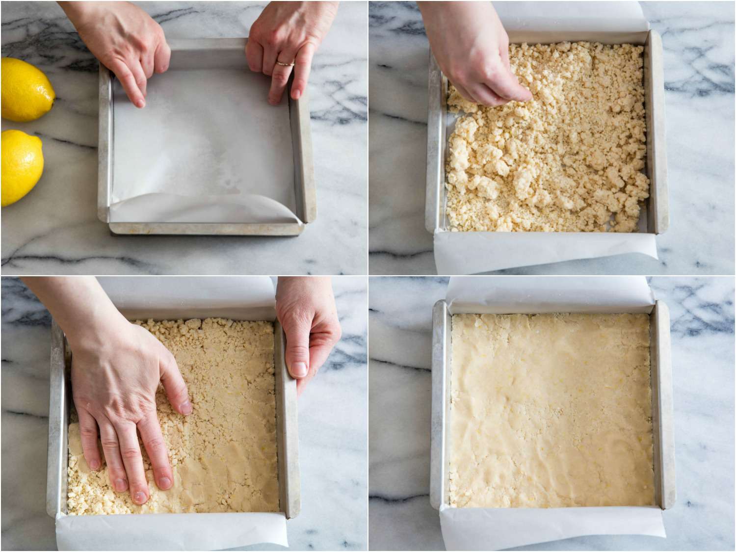 照片拼贴显示内衬烤盘与羊皮纸，添加柠檬棒的面包皮到锅，并压成均匀的层。