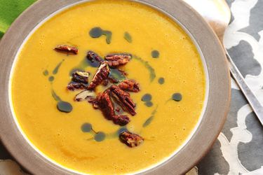 A bowl of quick and easy stovetop butternut squash soup.
