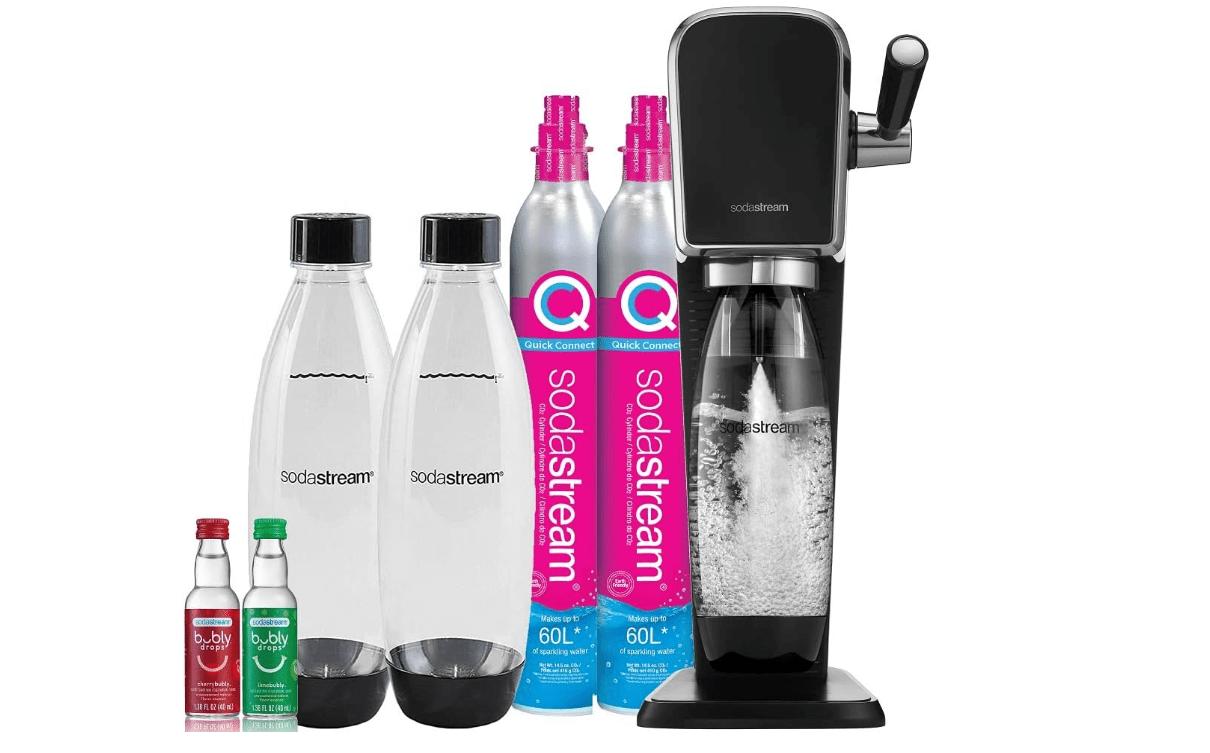 a sodastream and canisters against a white background