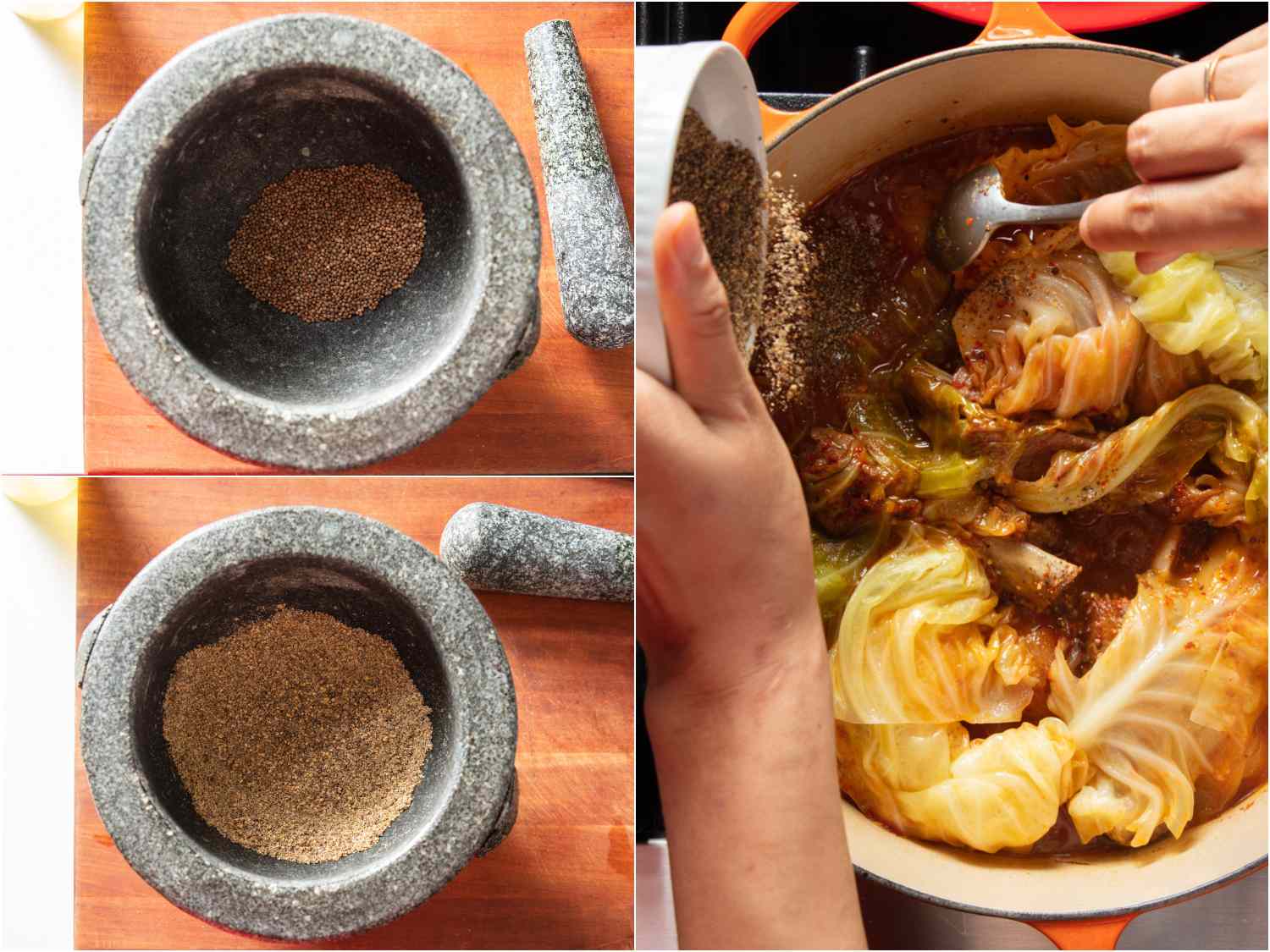 Crushing perilla seeds in a mortar and pestle and adding to stew.