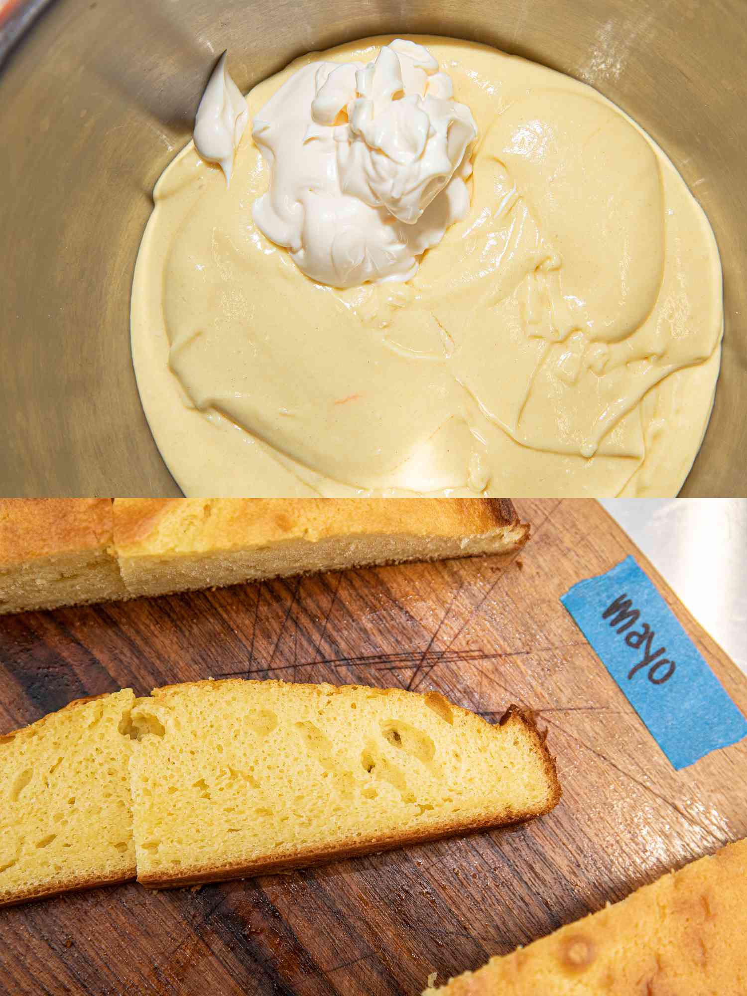 蛋糕面糊加入蛋黄酱前后的两张拼贴图