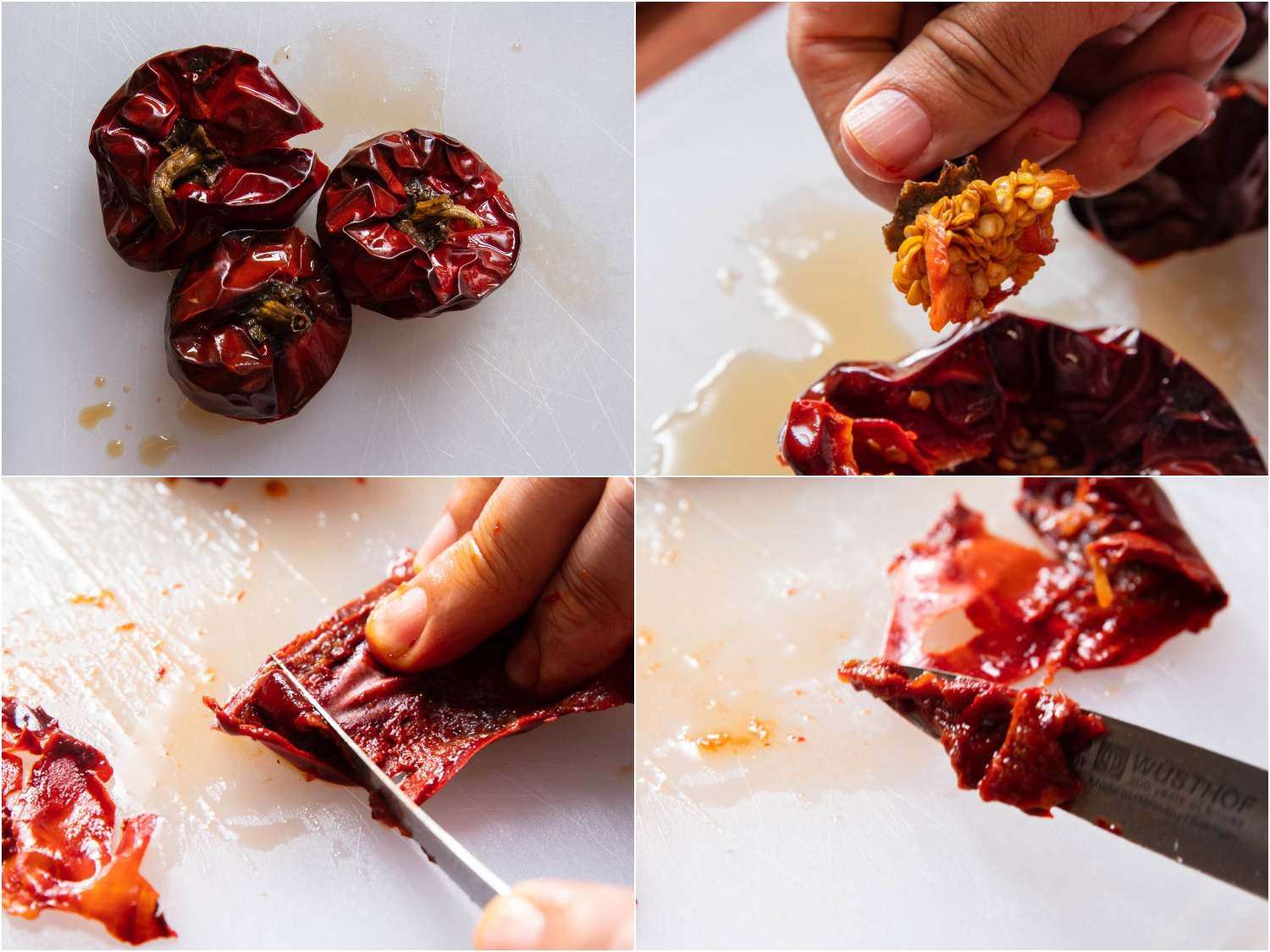 拼贴的照片准备和刮肉ñora辣椒的罗马酱。gydF4y2Ba