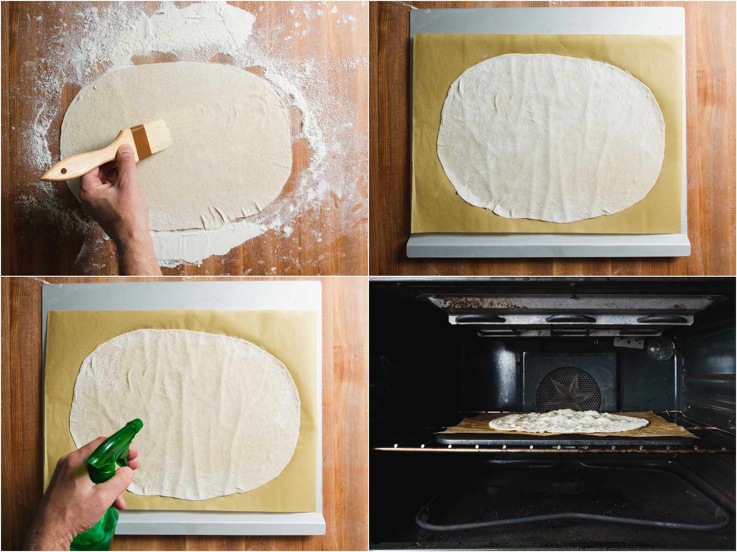 把多余的面粉从卷好的面皮上刷掉，转移到无框烤盘上的羊皮纸上，淋上水，转移到烤箱里。