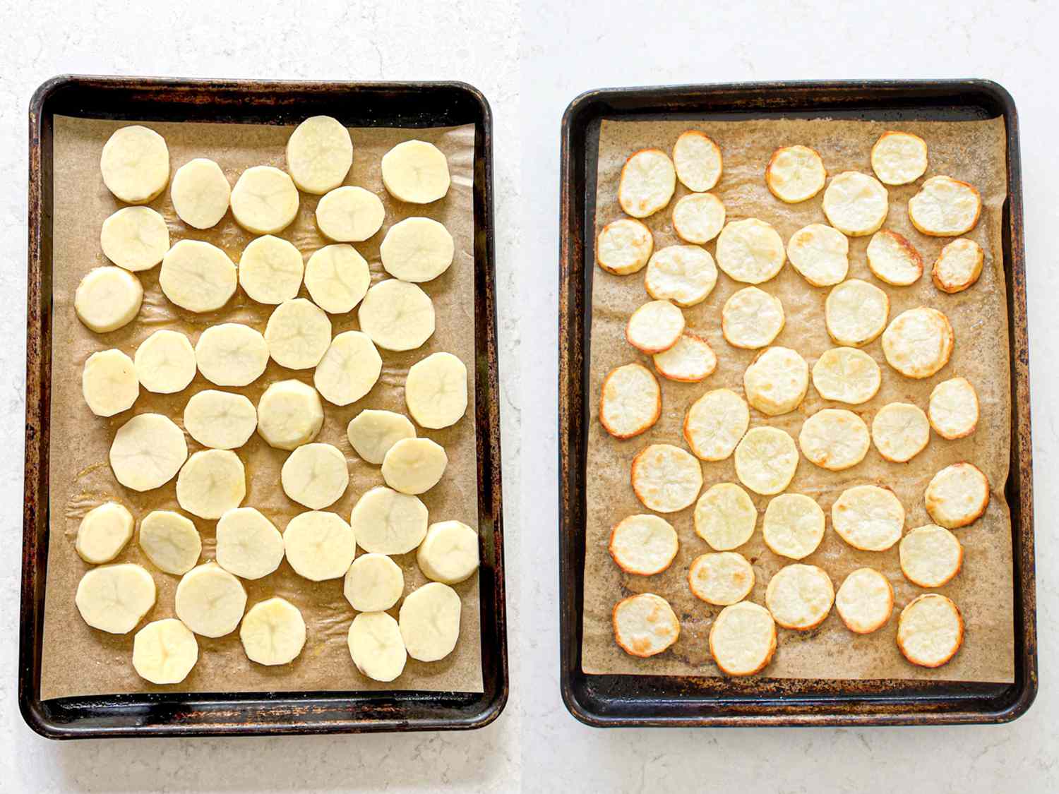 二图像拼贴。左图:未煮熟的土豆片放在烤盘上。右图:烤土豆片放在烤盘上