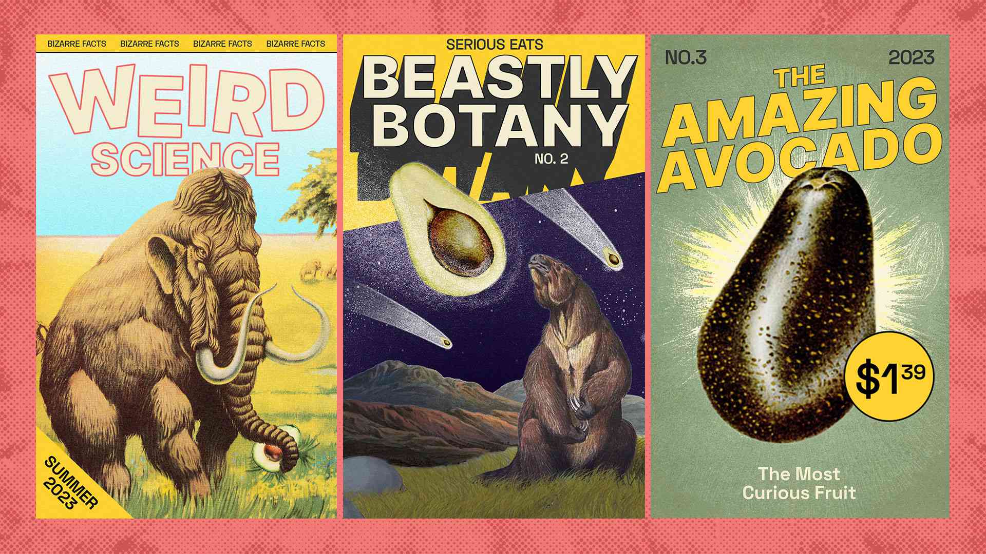 Three magazine covers depicting avocados done in a pulp sci-fi fashion