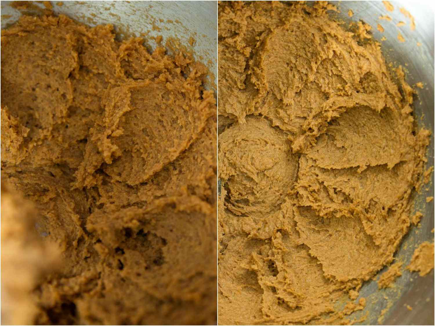 Before and after photos of the butter mixture. The finished, fully creamed mixture on the right is noticeably lighter in color.