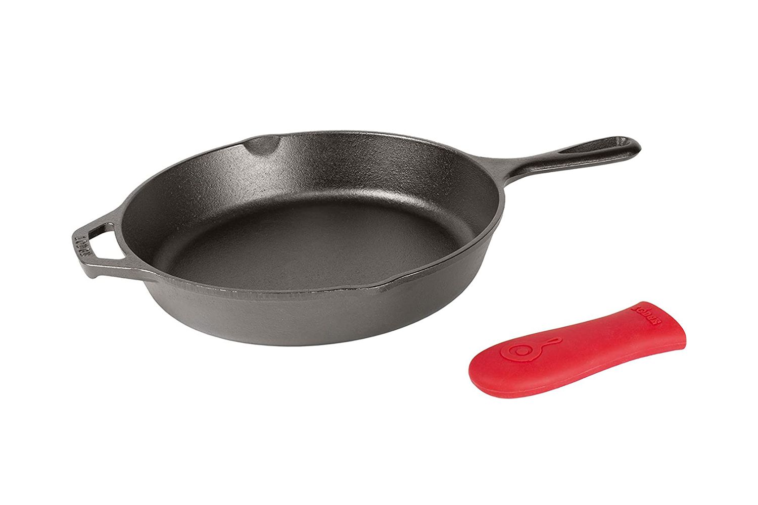 Amazon Lodge Cast Iron Skillet with Red Silicone Hot Handle