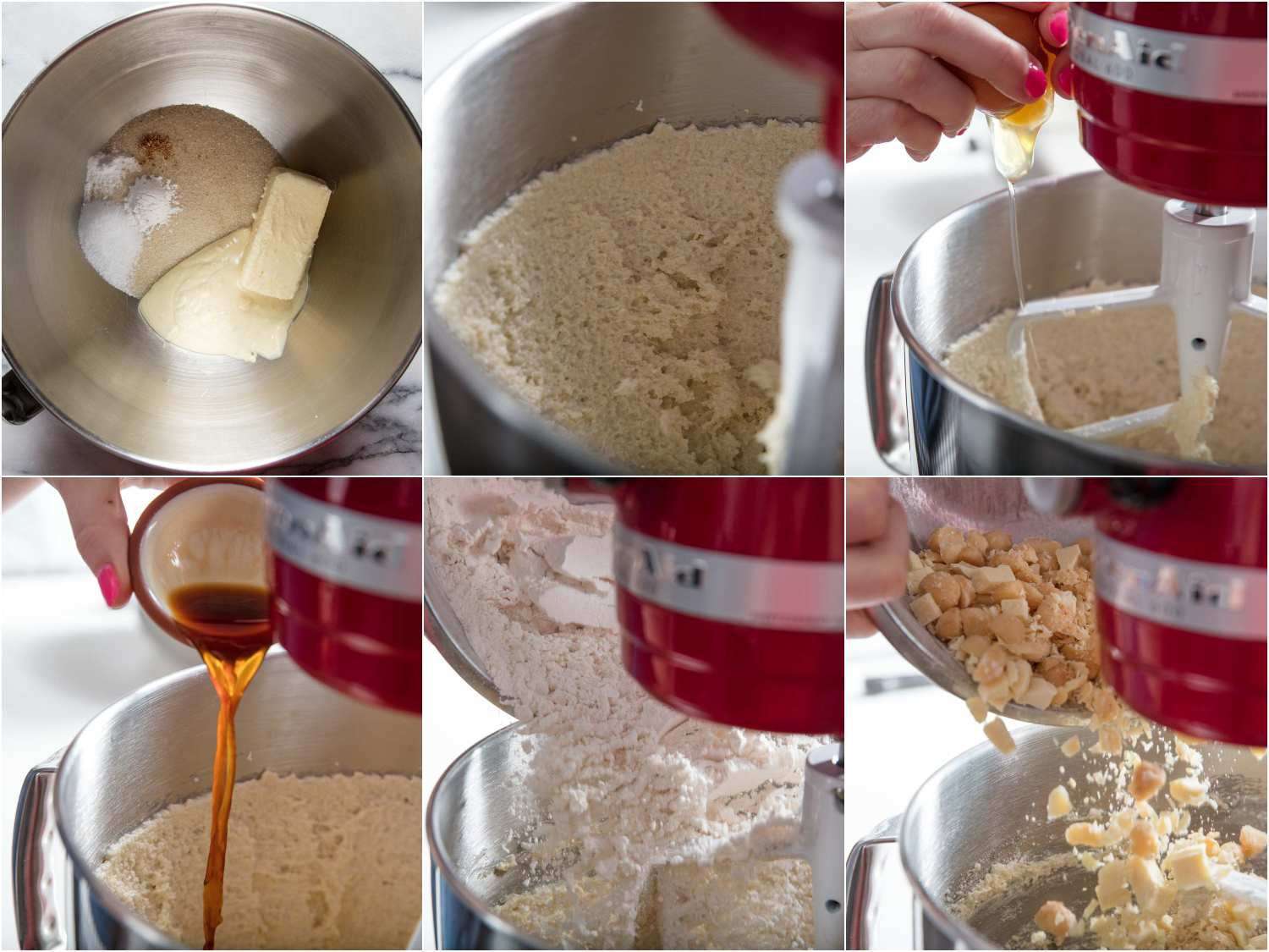 拼贴奶油饼干面团，加入一个鸡蛋，香草精，面粉和白巧克力块。gydF4y2Ba