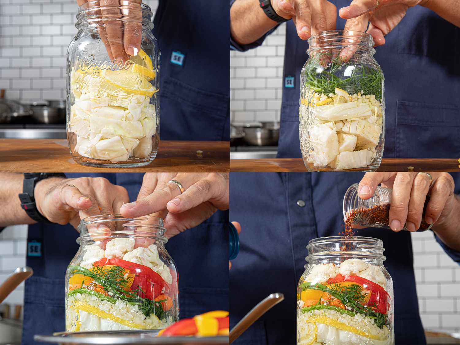 Four image collage of packing jar with lemon, vegetables and spices