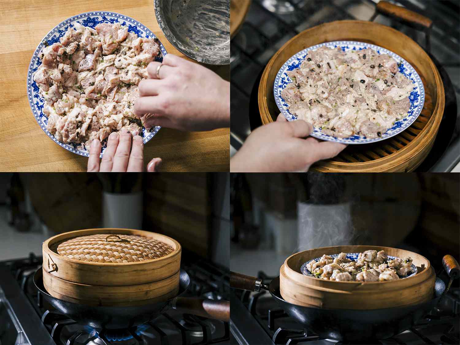将一盘猪肉放入放入锅中的竹蒸笼中烹饪的四幅拼贴画。＂width=