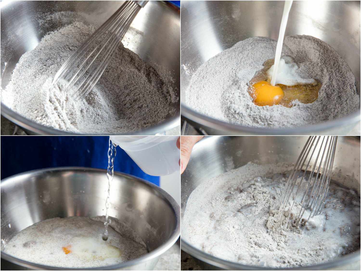 四张混合可丽饼面糊的图片。第一张图显示的是干燥的原料被搅拌在一起。华体会应用下载在下一张图中，加入了鸡蛋和牛奶。第三张图显示了水被倒入混合物中。最后一张图显示的是搅拌面糊的过程。gydF4y2Ba