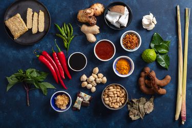 a spread of ingredients commonly used in Indonesian cooking shot from above on a dark blue background