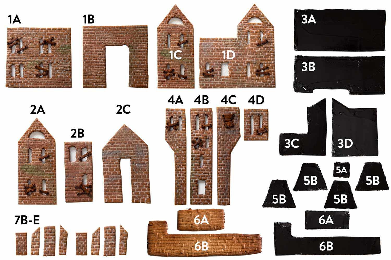 Collage of photos showing each segment of the haunted gingerbread house, with corresponding number/letter labels
