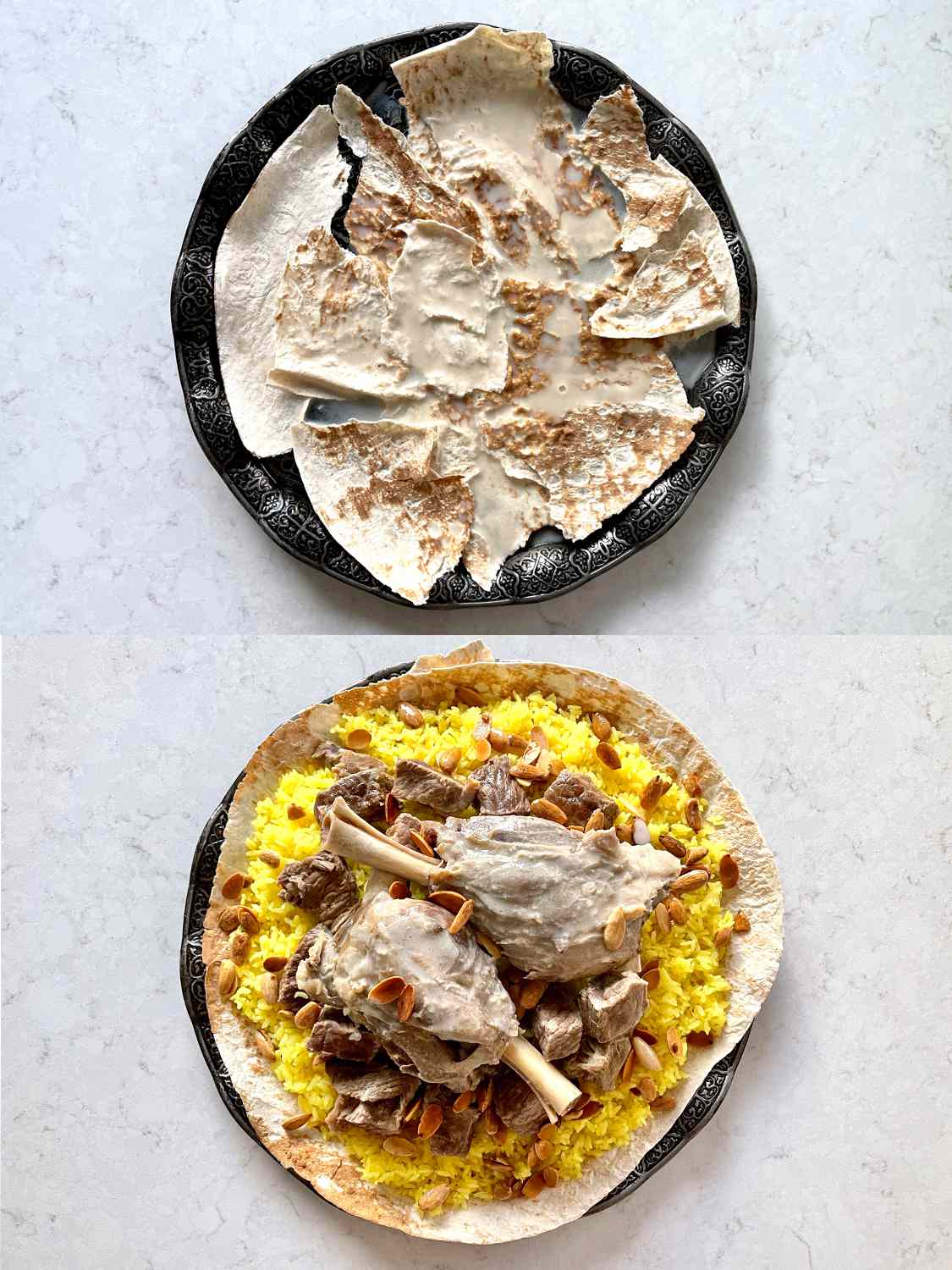 两张拼贴图片，上面是覆盖着酸奶的大饼，然后是米饭和羊肉