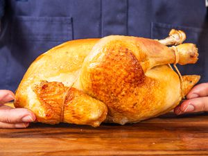 Side view of a roast chicken