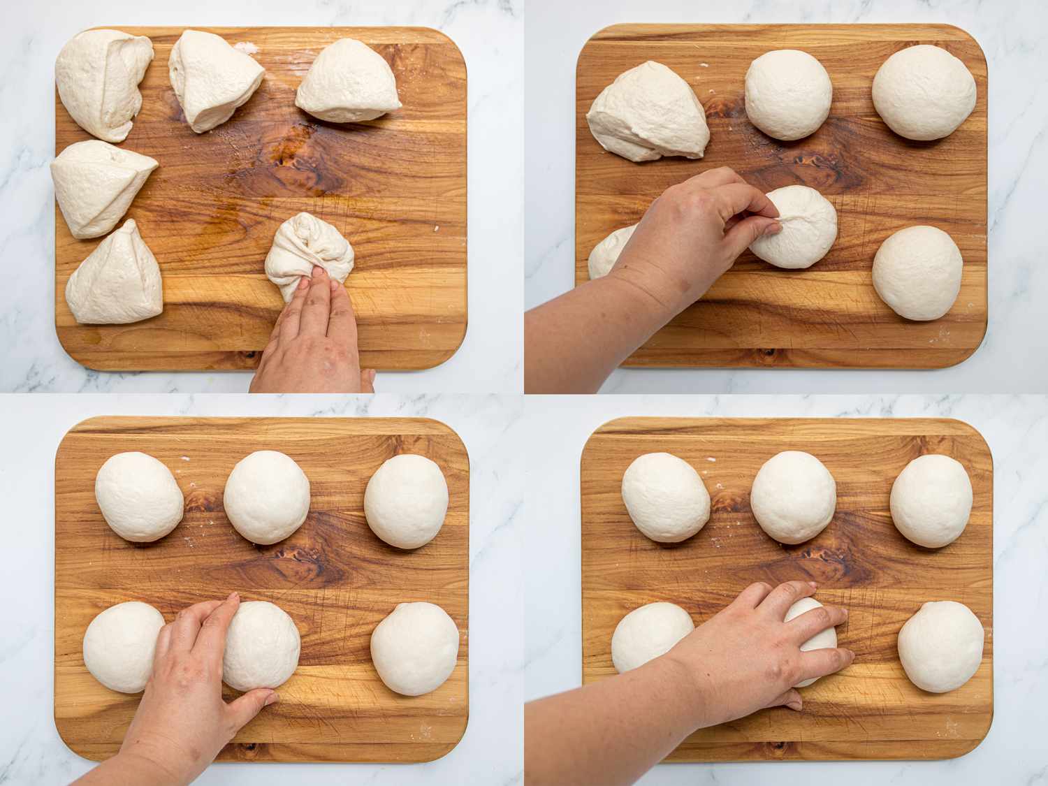 Four image collage of overhead view of folding and forming 6 dough balls