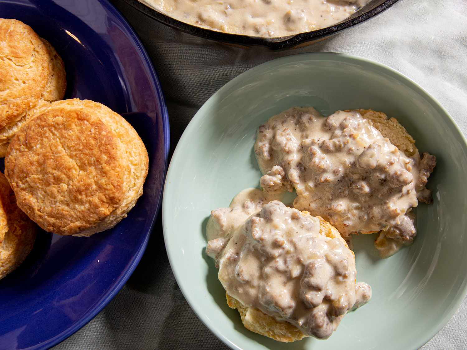 Overhead view of biscuits and gravy