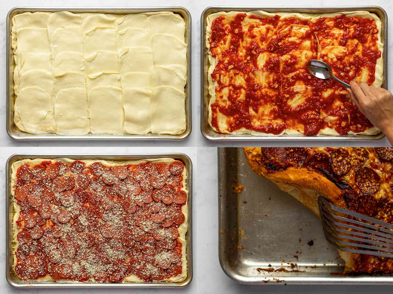 A four-image collage. The top left image shows mozzarella slices shingled evenly over the surface of the pizza dough. The top right image shows a hand holding a spoon spreading sauce over the surface of the cheese slices. The bottom left image shows pepperoni slices spread evenly over surface of the pizza, and sprinkled with half of the Romano cheese. The bottom right image shows the bottom left corner of the pizza being lifted with a spatula after it has baked for about ten minutes, showing off the golden brown bottom of the crust.