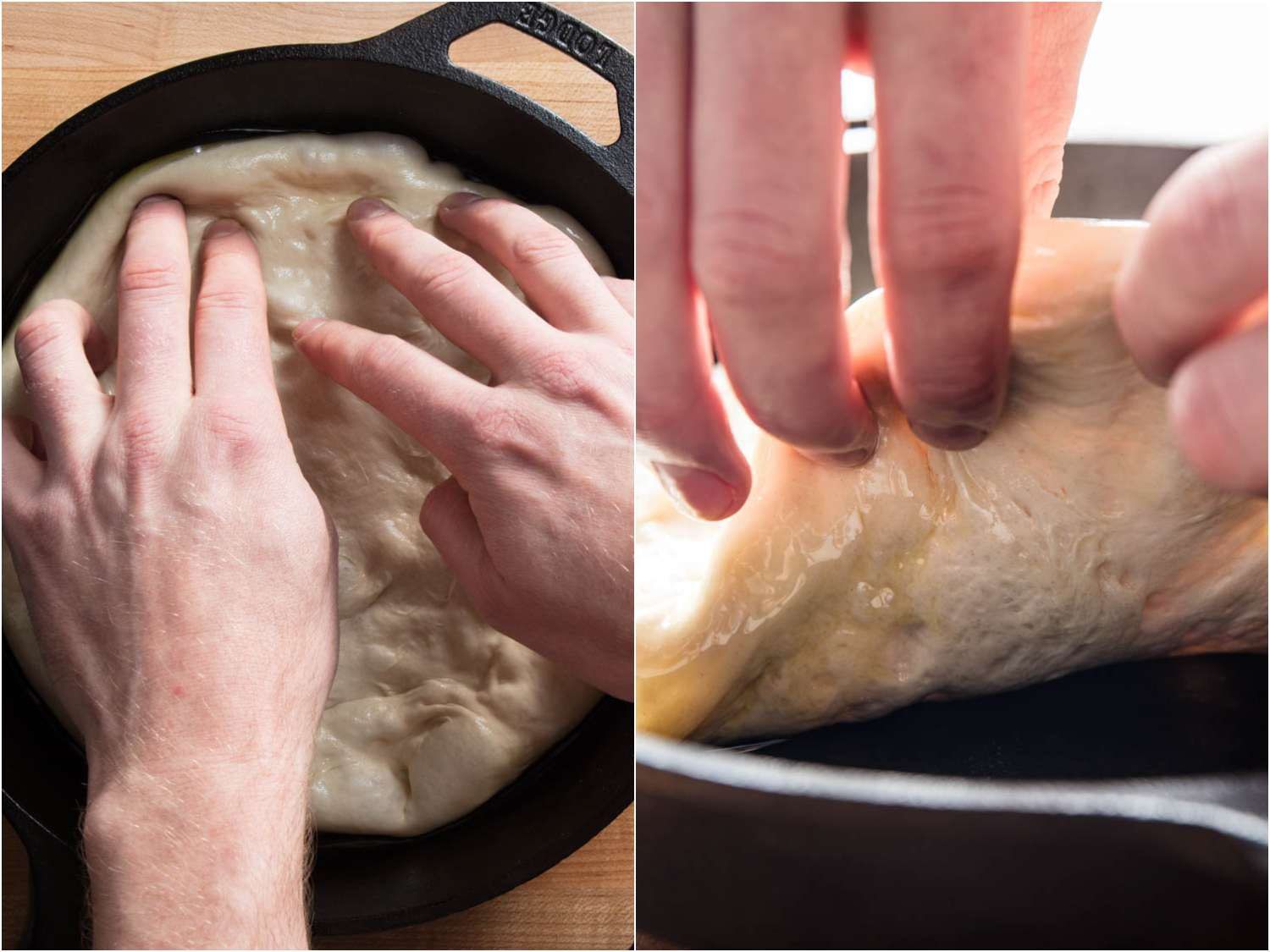 一组拼贴照片描述了烘焙前对平底披萨面团的润色:用指尖对接表面，抬起边缘释放困住的空气。gydF4y2Ba