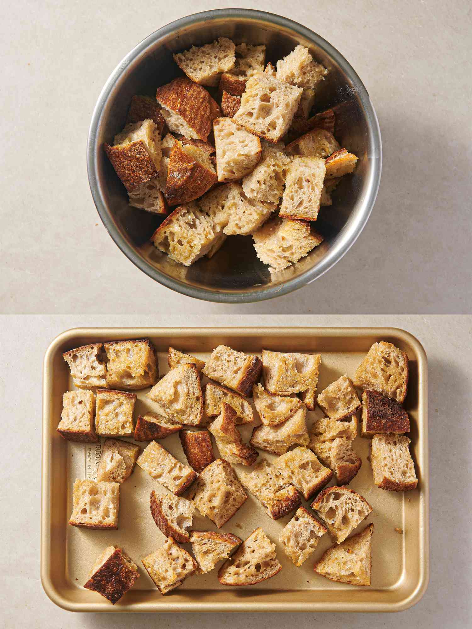 Bread cubes tossed with olive oil inside a large bowl, and crisp bread cubes on rimmed baking sheet