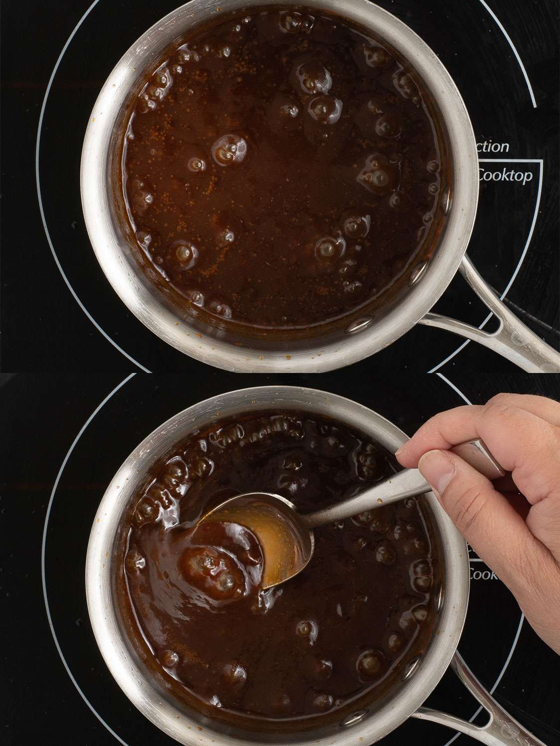 A two-image collage. The top image shows the hoisin sauce being cooked in a stainless steel saucepan. The bottom image shows the sauce being stirred with a metal spoon, to show off the correct glossy texture.