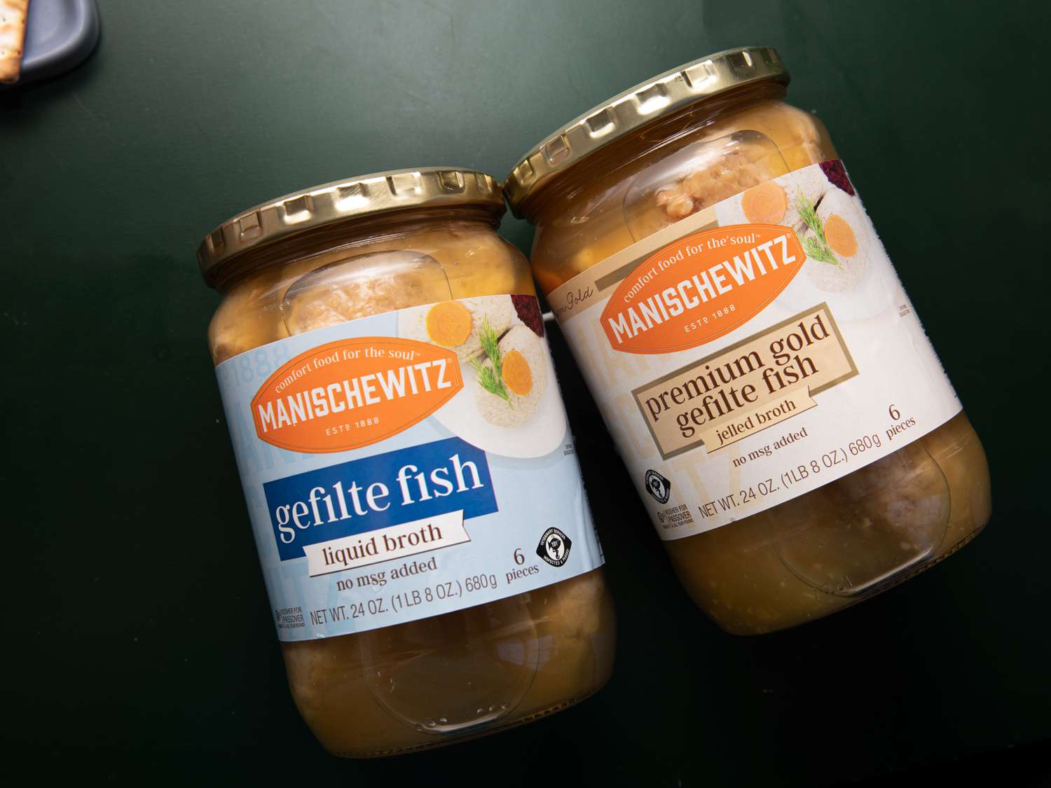 Two jars of Manischewitz brand gefilte fish