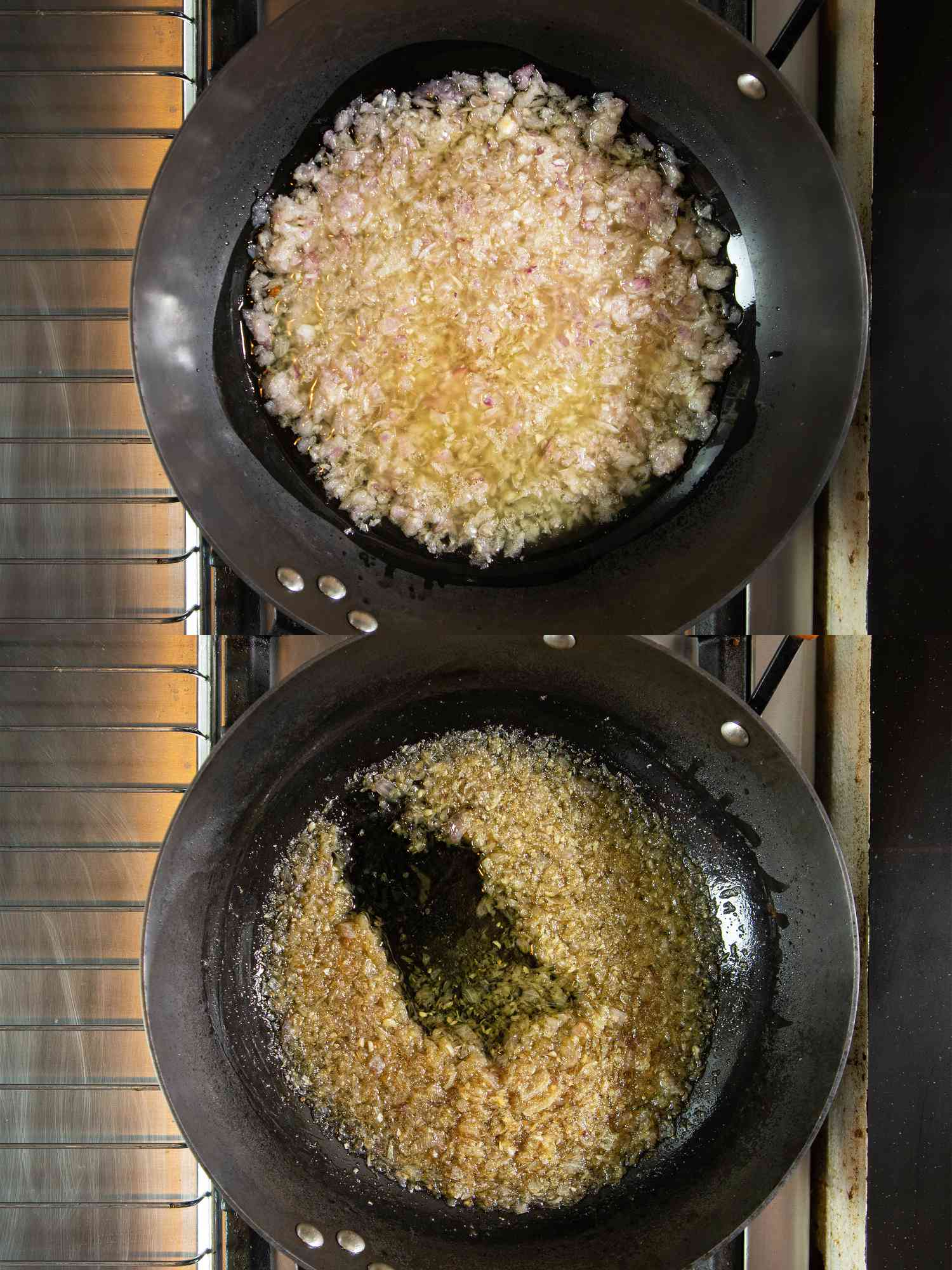 大蒜和洋葱在油锅中分离前后的两幅图像拼贴