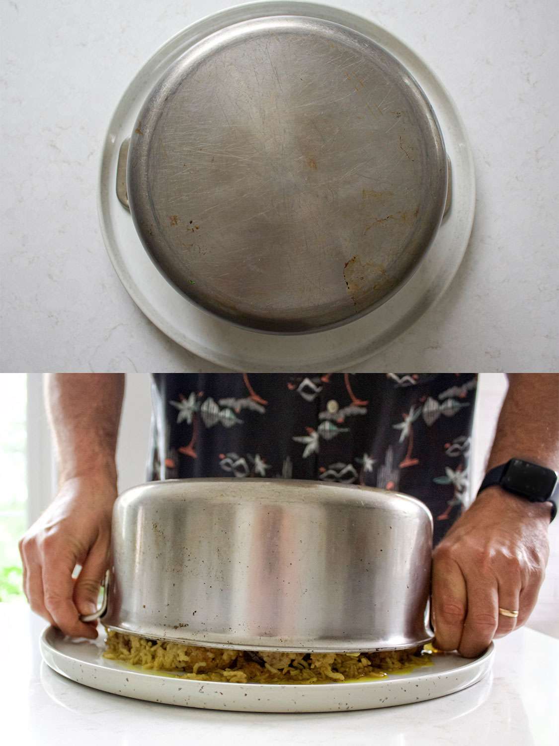 二图像拼贴。上:锅翻转到一个大盘子上。下图:一个人慢慢地把锅从盘子上拿起来，展示下面完好无损的maqlubeh