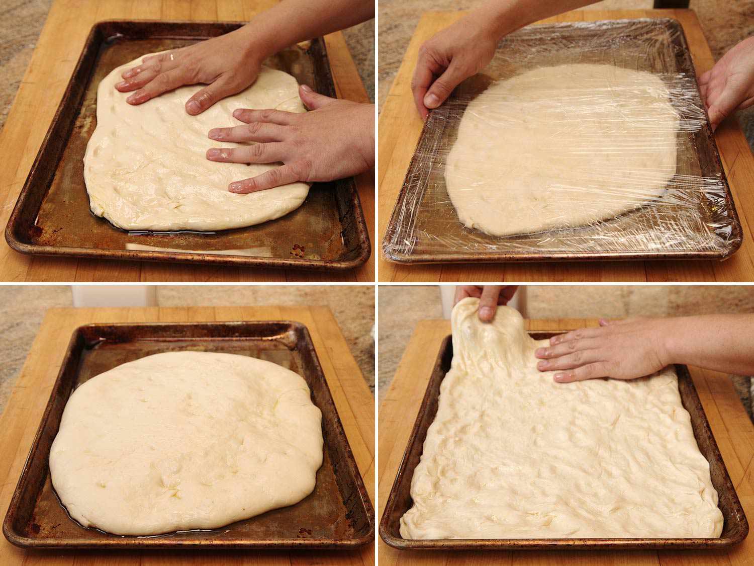 Collage of spreading Sicilian-style pizza dough in a greased rimmed baking sheet.