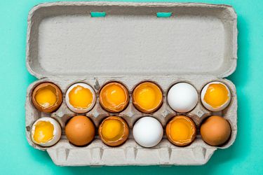 一箱打开的鸡蛋，一打。有些鸡蛋被打开了，蛋黄就暴露出来了。