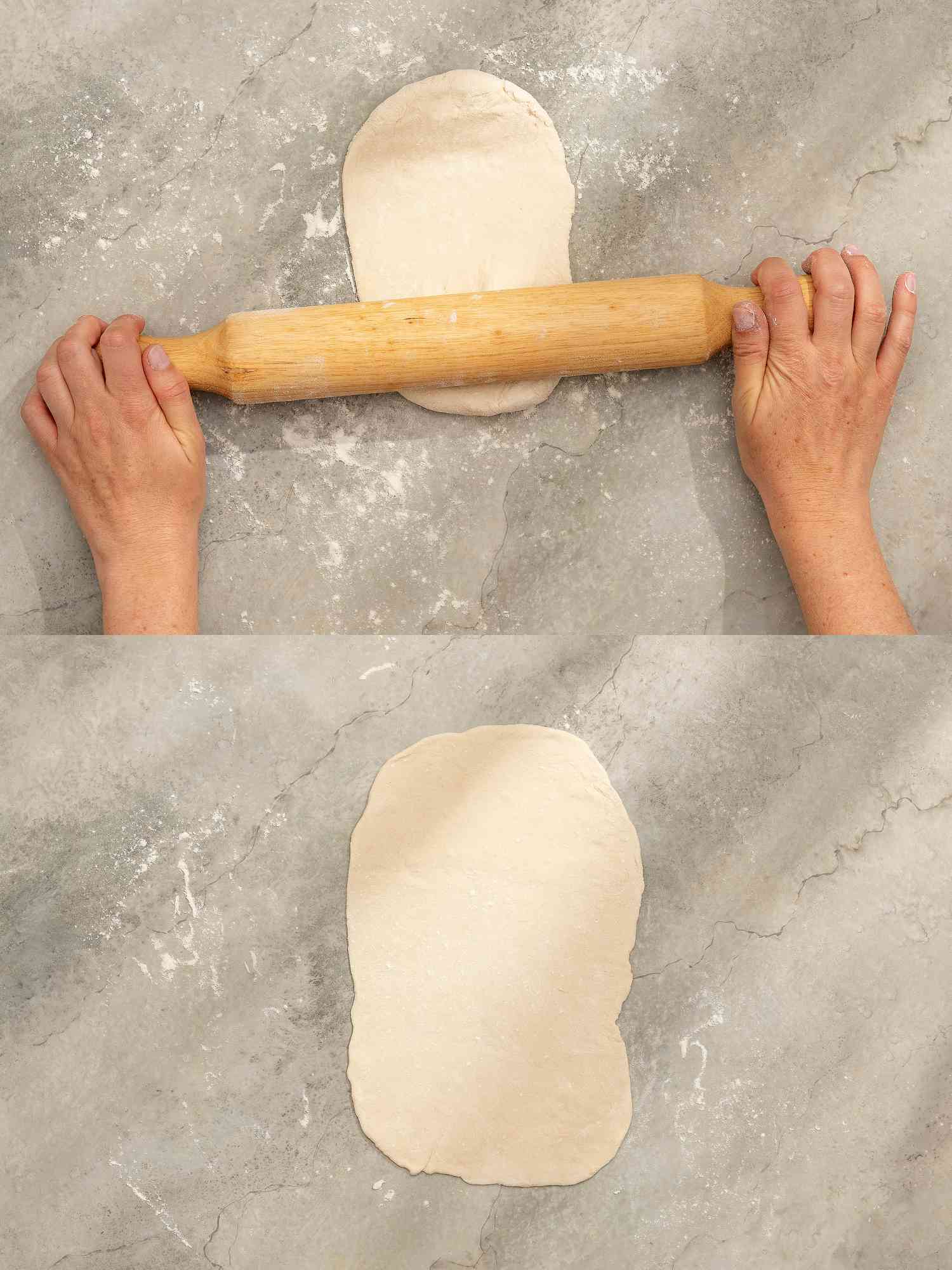 Two image collage of rolling dough out