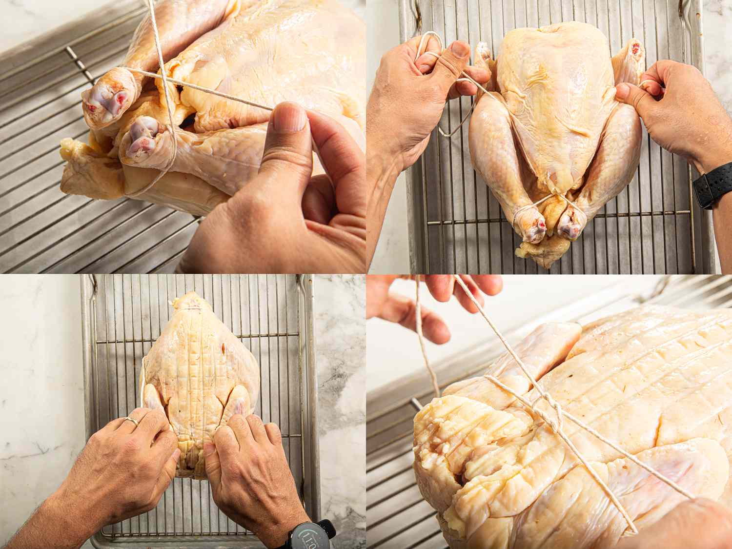 Four image collage of tussing a chicken