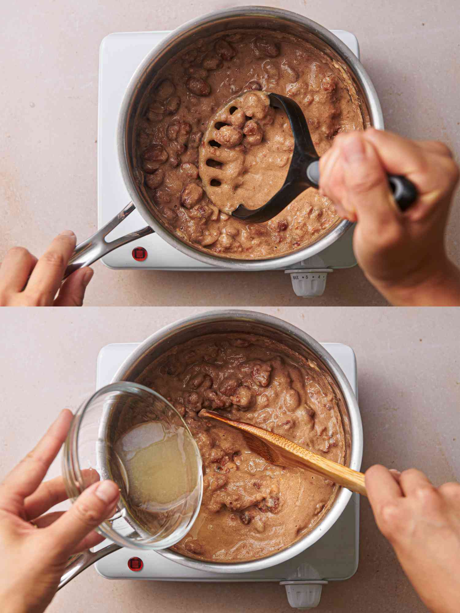 Beans mashed with potato masher and added back to beans